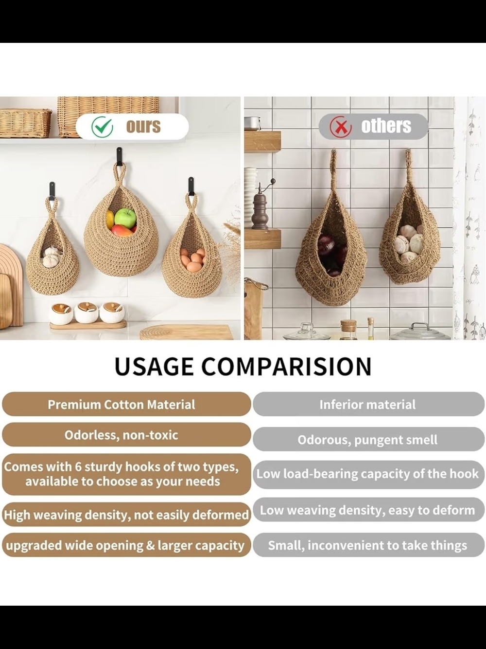 Boho Wall Hanging  Storage Baskets - Natural Beige (Set of 3